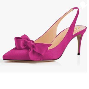 YDN Fuchsia Pointed Toe Bow Slingback Slip on Pumps Stiletto Heels Sandals